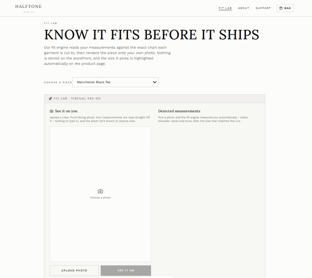 Halftone & Co.'s Fit Lab page powered by GarmCheck, letting shoppers pick a piece and see the recommended size