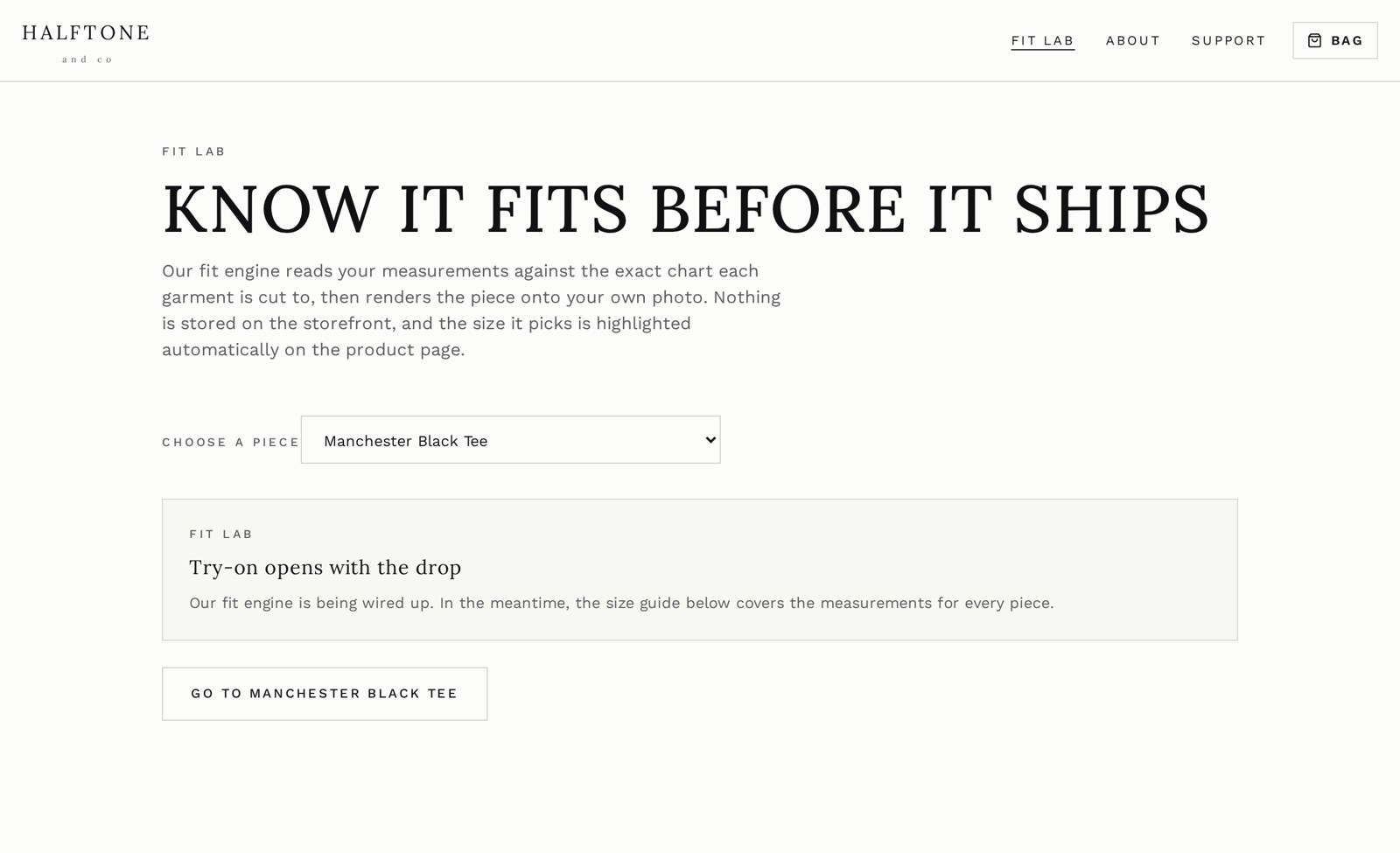 Halftone & Co.'s Fit Lab page powered by GarmCheck, letting shoppers pick a piece and see the recommended size