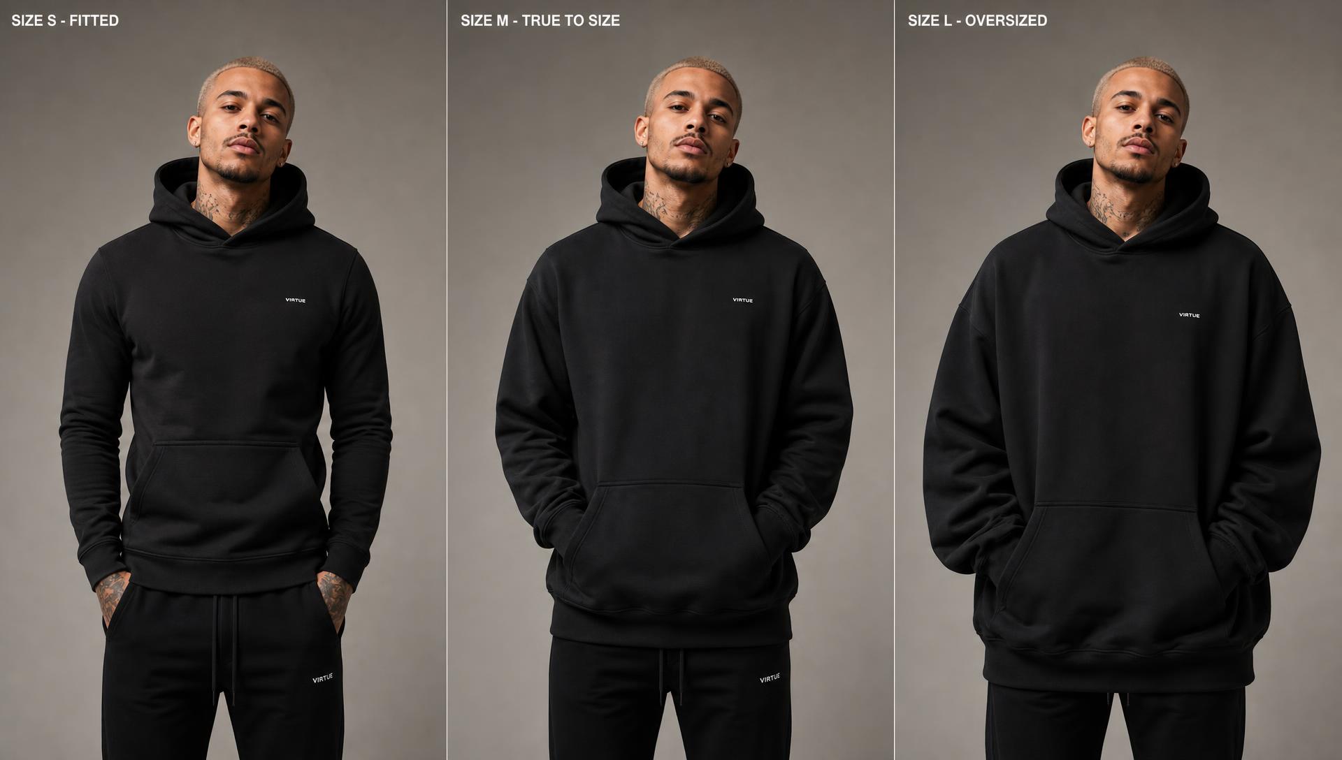 Three-panel size comparison showing the same model in a fitted Size S, true-to-size Size M, and oversized Size L hoodie